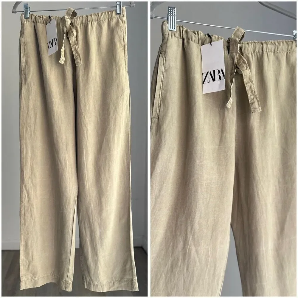 NWT ZARA ZW COLLECTION PAJAMA PANTS LIGHT KHAKI GREEN SMALL